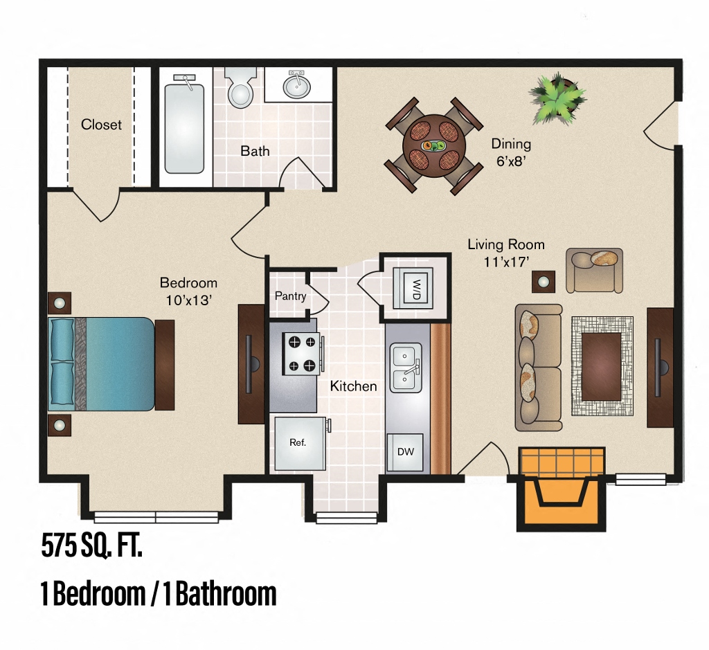 Floor plan for 1 bed, 1 bath, 575 sqft